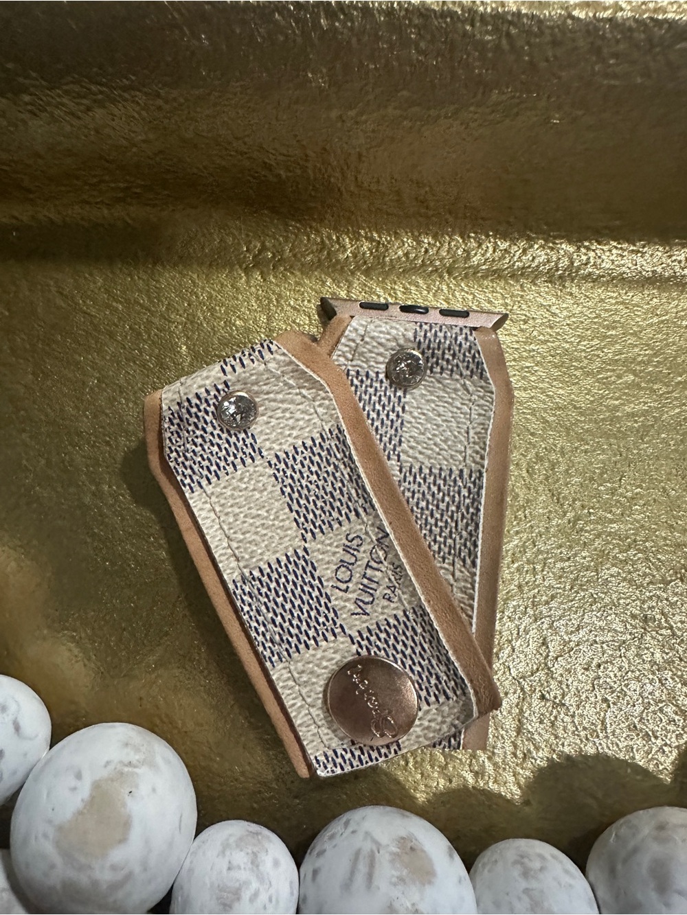 Louis Vuitton Beige Check Damier Apple Band with Tan Trim